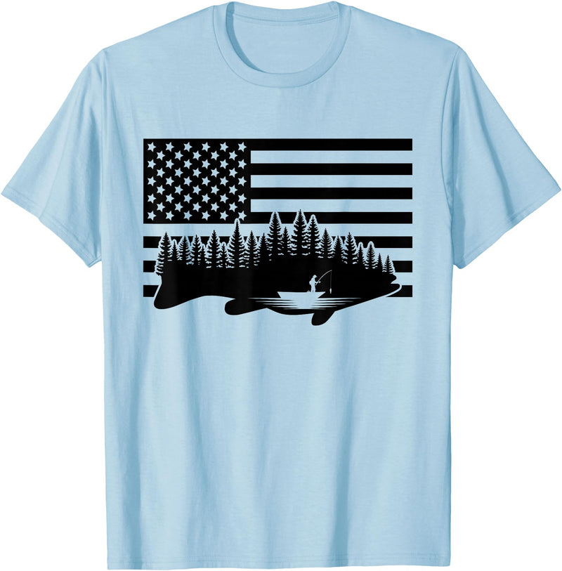 BASBO American Flag Fishing T-Shirt - Grey, Small, Unisex, Short Sleeve, Crew Neck, Classic Fit, Polyester 100%, Imported, Fishing Enthusiasts, Kids - Baby Blue
