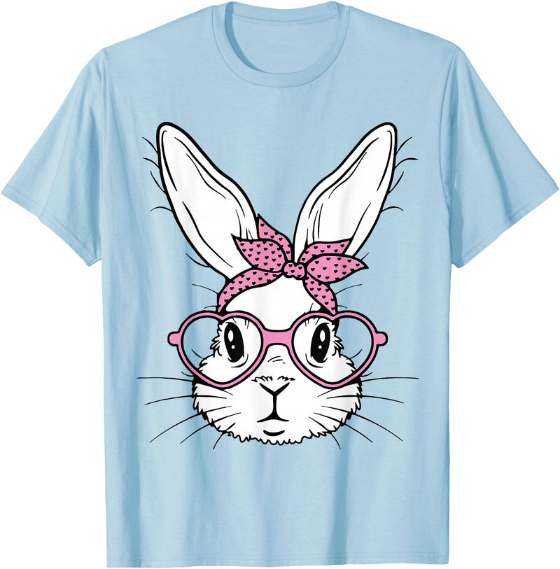 Cute Bunny Rabbit Face with Bandana Heart Glasses Easter Day T-Shirt in Baby Blue