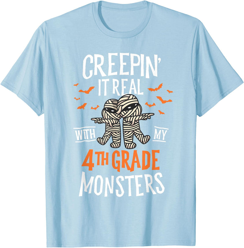 Halloween by Joy Haus Creepin It Real with My 4th Grade Monsters Halloween Teacher T-Shirt - Baby Blue
