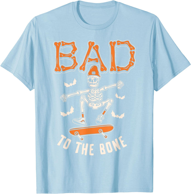 Bad to The Bone Skeleton Funny Skateboard Toddler Halloween T-Shirt - Baby Blue