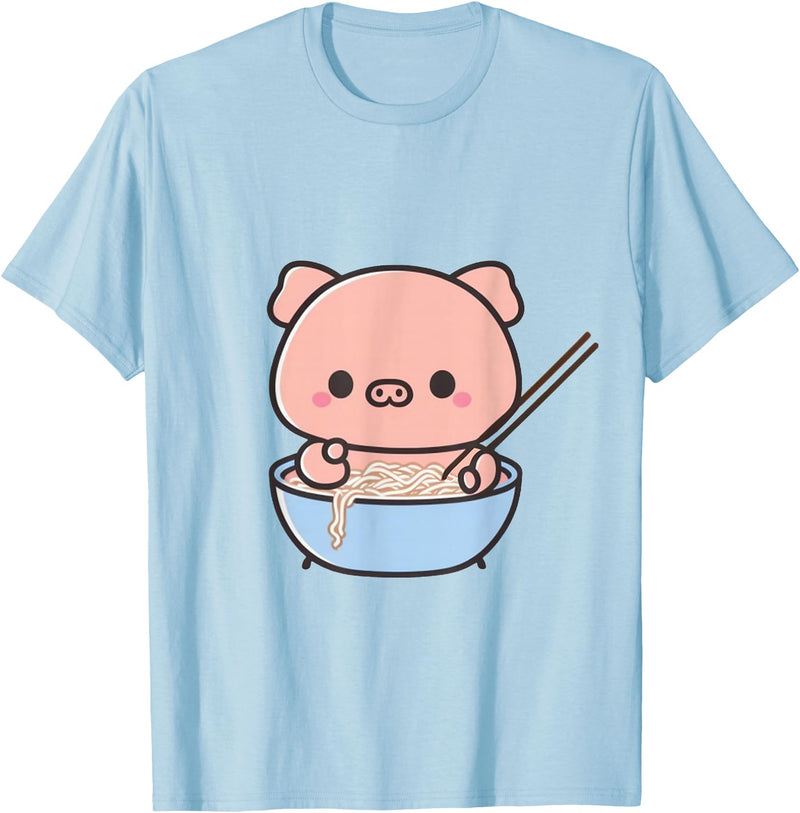 Kawaii Cute Japanese Pig Eating Ramen Noodles T-Shirt - As Pictured