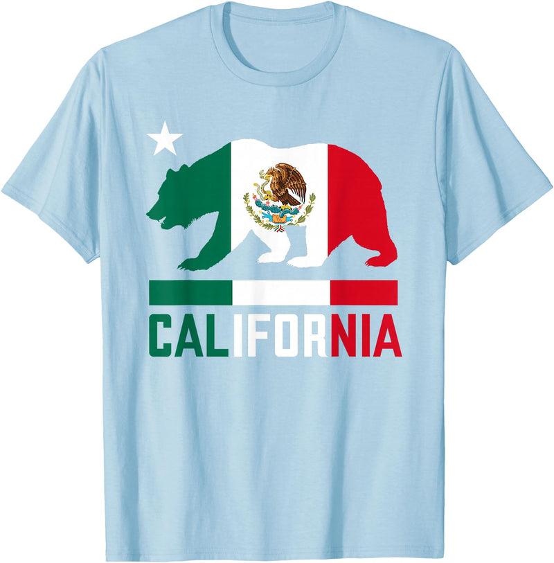 Mexican American US Apparel Co California Bear Mexican Flag State T-Shirt - Baby Blue