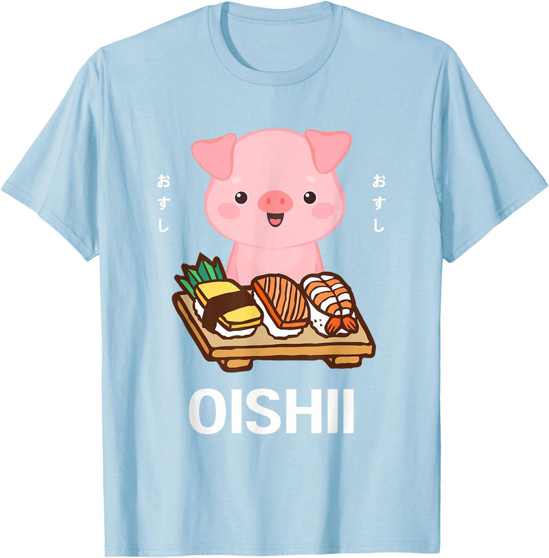 Cute Pig Eats Sushi Japanese Food Lover Cute Kawaii Pig Eats Sushi Japanese Food Lover Otaku T-Shirt - Baby Blue