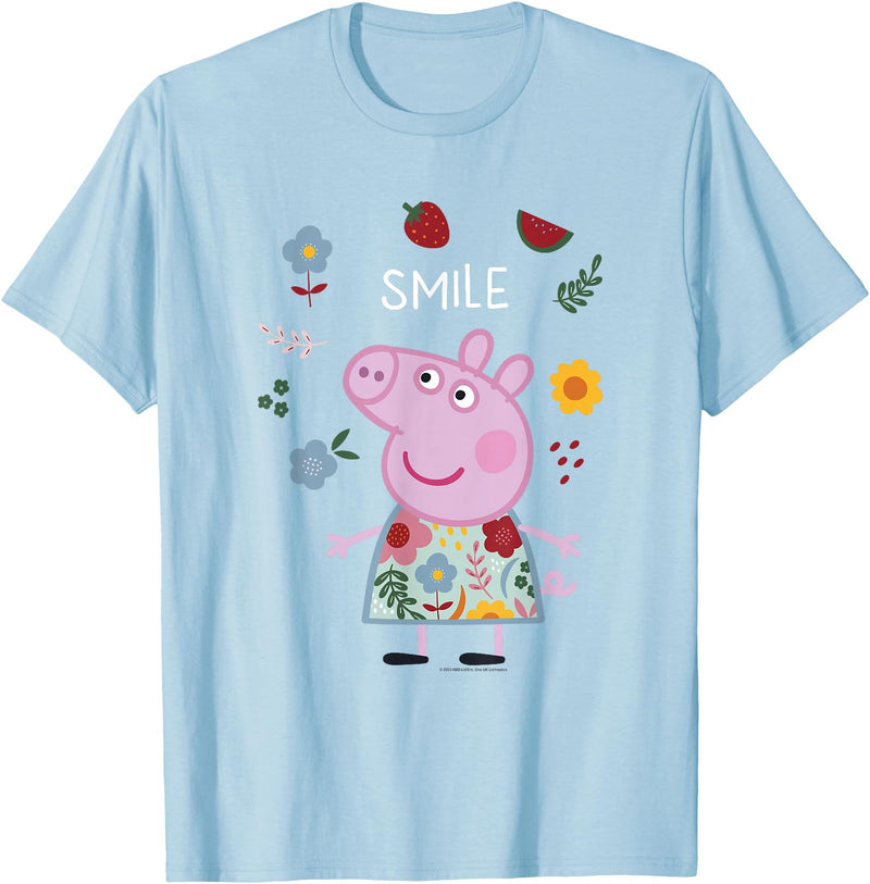 Peppa Pig Smile Cute Flowers & Fruit Full Body Portrait T-Shirt - Baby Blue