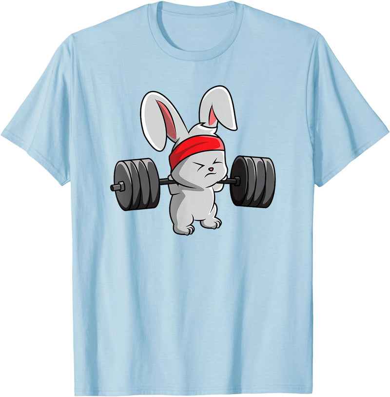 Bunny Gym , Rabbit Fitness Weightlifting T-Shirt in Baby Blue