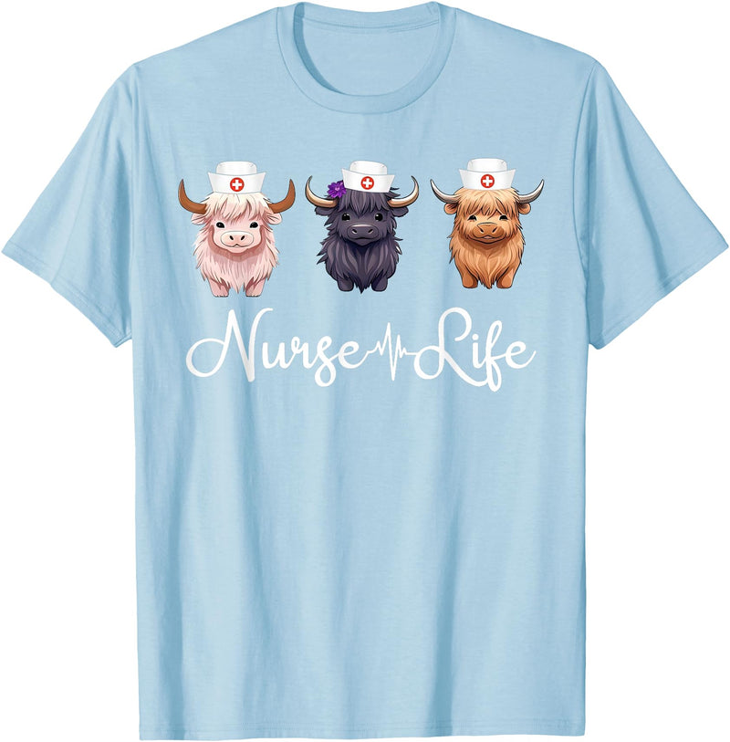 Highland Cow Nurse Life Costume Cute Highland Cow Nurse Life Farm Animal Lover Nursing T-Shirt - Baby Blue