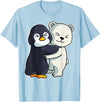Penguin and Polar Bear Hug Arctic Animal Polar Bear and Penguin Cute North Pole Animals Hugging T-Shirt - Baby Blue