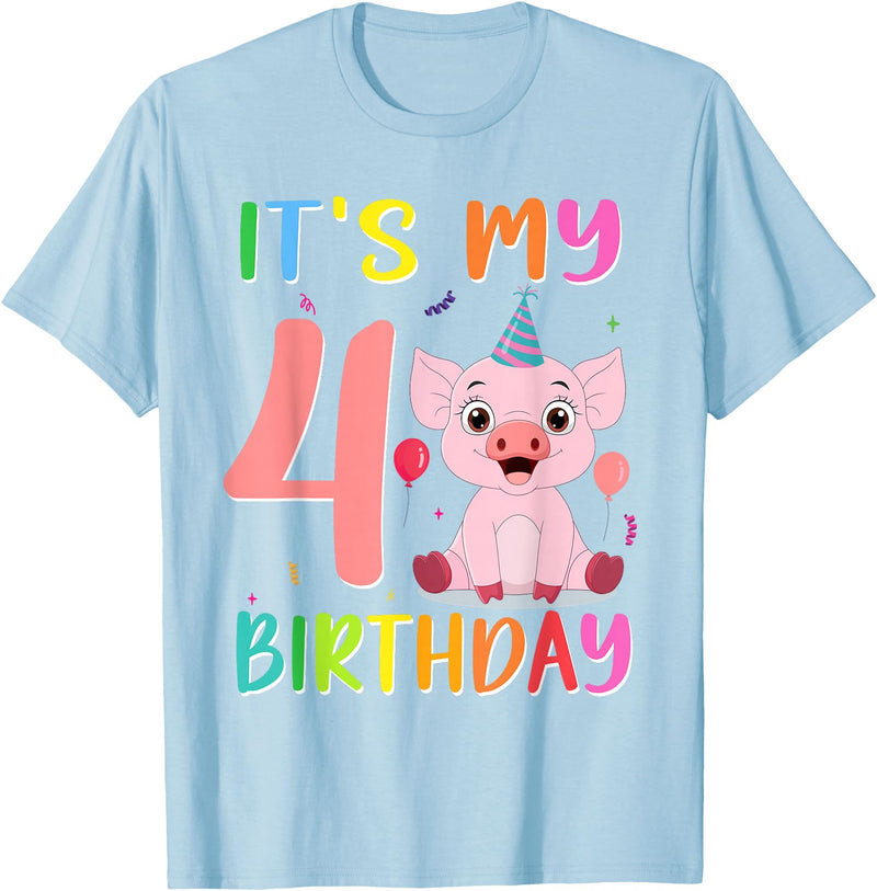 Pig Lover Shirt Farm Birthday Boy Girl Gift It’s My 4th Birthday Pig for Pig Lover 4 Year Old T-Shirt - Baby Blue