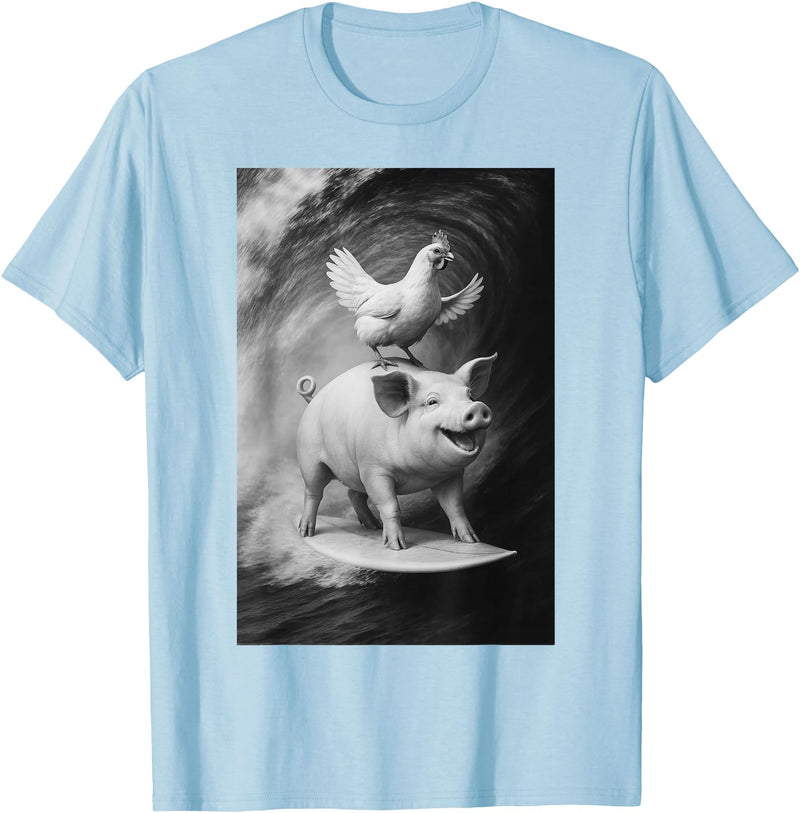 Surf Animal Lovers Funny Pet Summer Waves Vibes. Funny Surfing Pig and Chicken Selfie On Farm Animal T-Shirt - Baby Blue