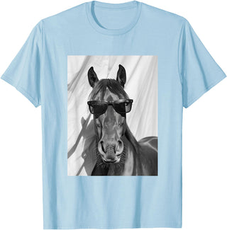 Funny Animal Photography Clothing Co. Cute Horse with Sunglasses Farm Animal Photo Booth T-Shirt - Baby Blue
