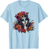Sugar Skull Dia De Los Muertos Floral Skull Day of The Dead Sugar Skull Woman Floral Crown T-Shirt - Baby Blue