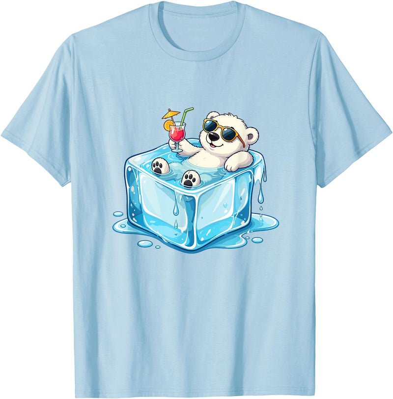 Cool Polar Bear Summer Vibes Chill Ice Cube Lazy Polar Bear in Ice Cube Tropical Cocktail T-Shirt - Baby Blue