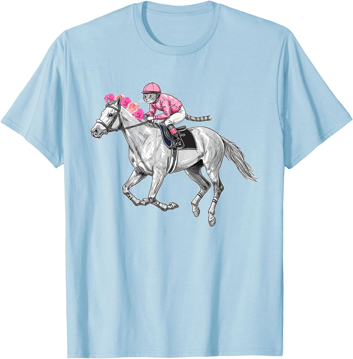 Racehorse and Cat Racer Derby Horse Racing Cat Jockey Funny Race Equestrian Humor T-Shirt - Baby Blue
