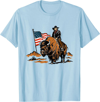 American Cowboy Bison Rodeo Patriotic 4th of July Retro Western T-Shirt
