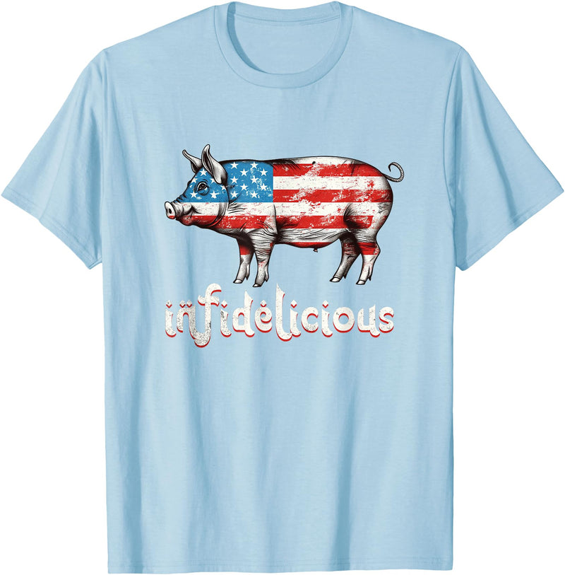 The Infidelicious Bacon Company Infidelicious - Funny Barbecue Pork BBQ Pig American Flag T-Shirt - Baby Blue