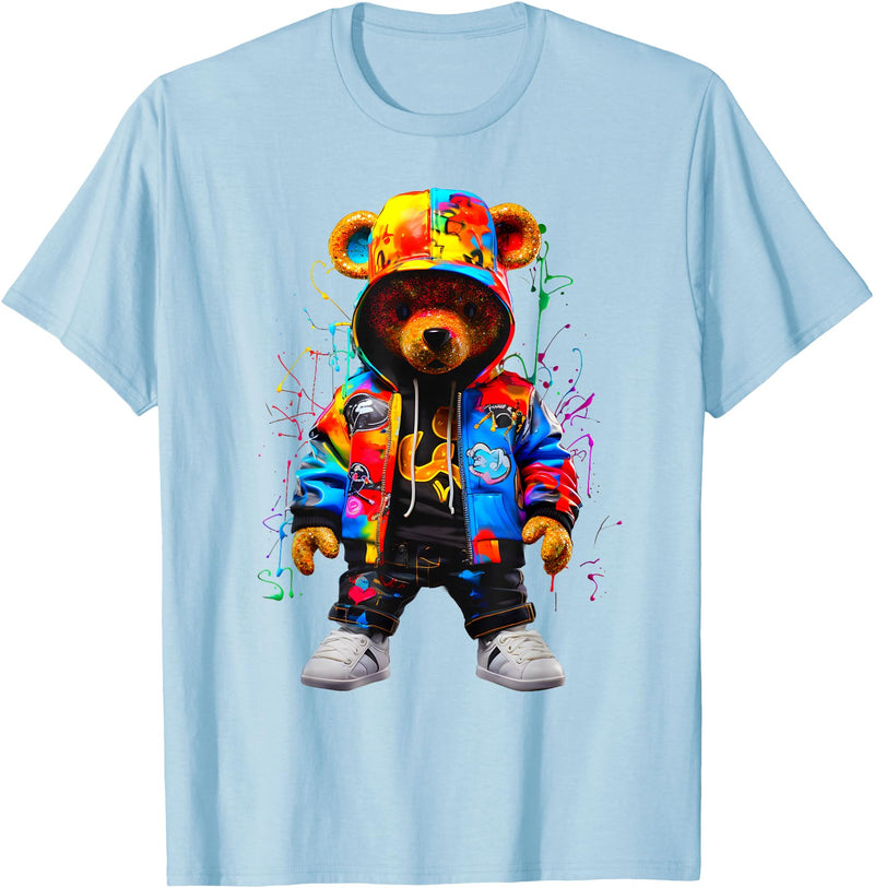 Hip-Hop Teddy-Bear Aesthetic Urban StreetWear Co. Hip-Hop Teddy-Bear Colorful Teddybear with Hoodie Graphic T-Shirt - Baby Blue