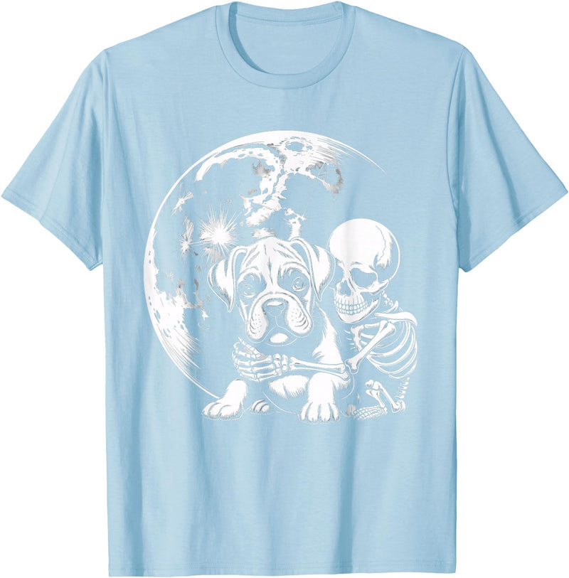 Cute Skeleton Boxer Dog Halloween Women Men Skeleton Hugging Dog Halloween Boxer Lover Mom Dad T-Shirt - Baby Blue