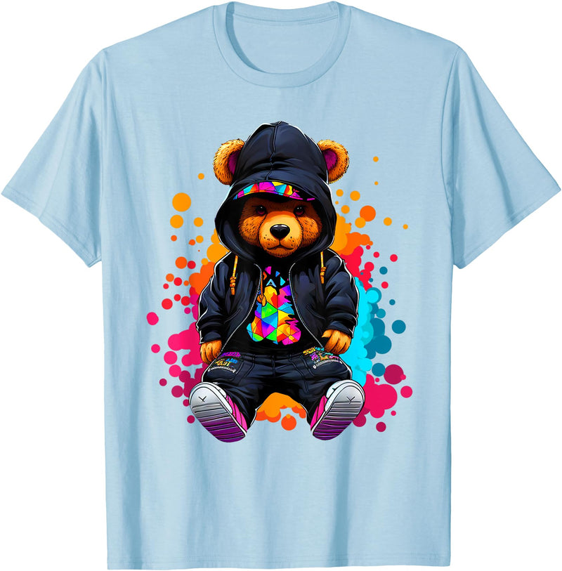 Hip Hop Teddy Bear Aesthetic Wear Co. Hip Hop Bear Colorful Teddy Bear With Hoodie Baseball Cap T-Shirt - Baby Blue