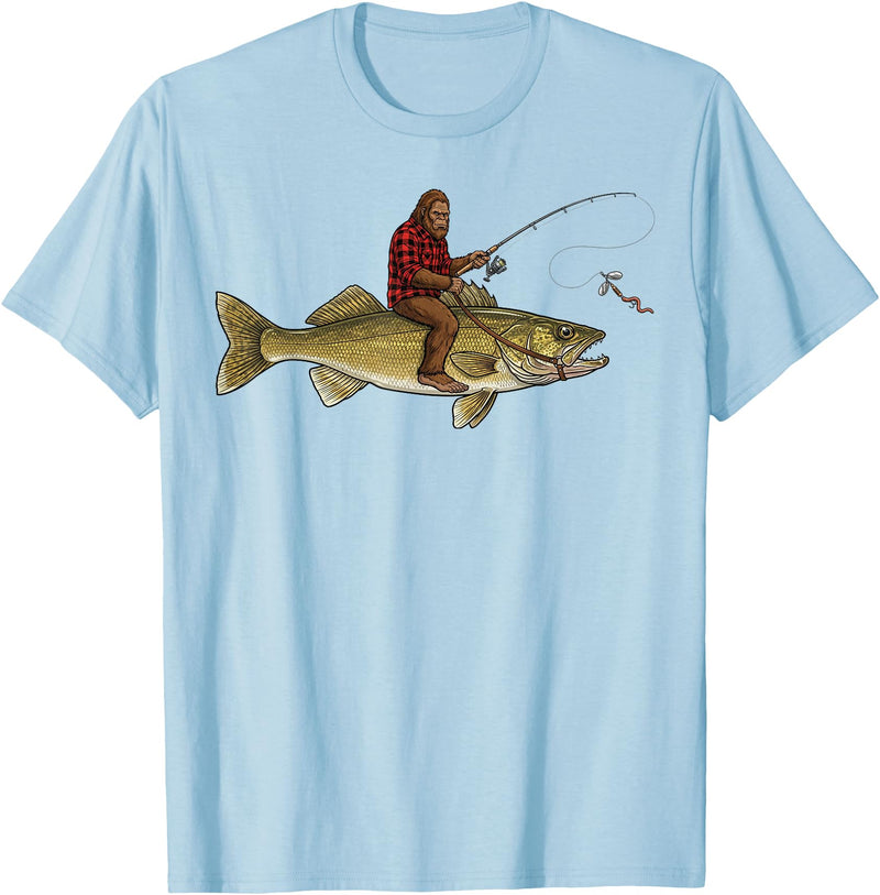 Northern Outdoor Walleye Collection Walleye Fishing Bigfoot Riding Fisherman Funny Angler T-Shirt - Baby Blue