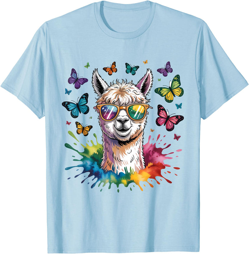 Funny Llama Lover Graphics Cute Llama with Sunglasses Animal Art Graphic Funny Alpaca T-Shirt - Baby Blue