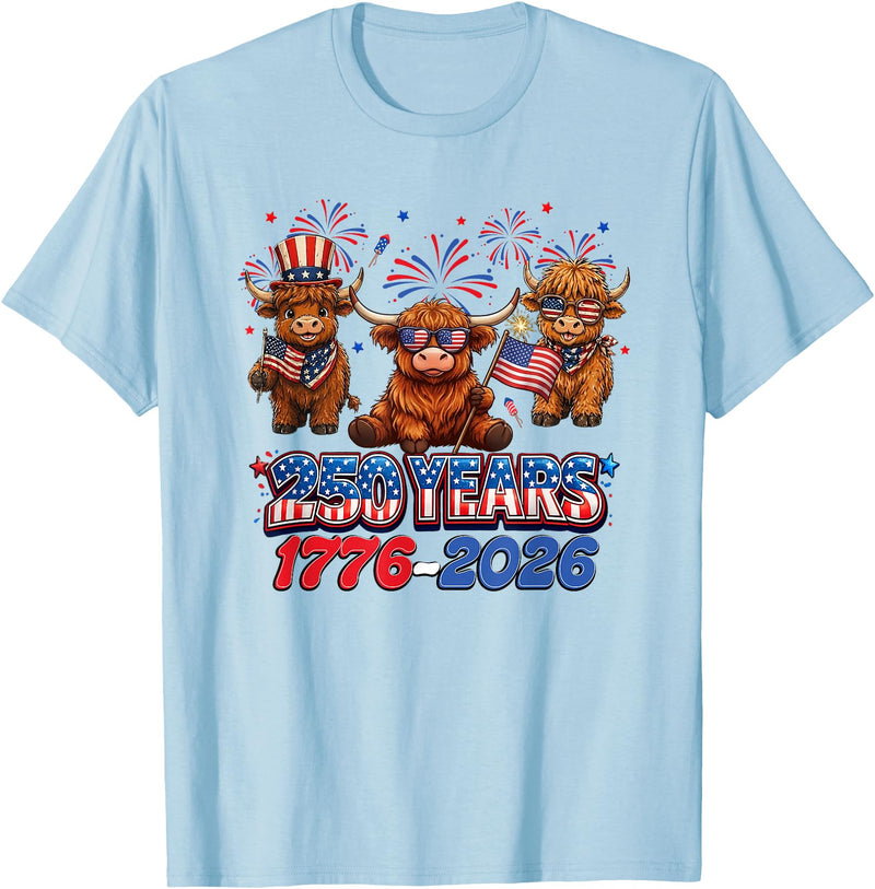 Scottish Highland Cow Print 250th Anniversary Gift 250 Years America Anniversary Cow 4th July America 1776 2026 T-Shirt -