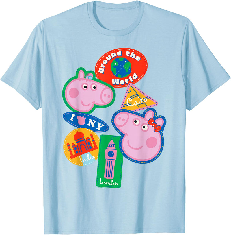 Peppa Pig Travel Patches Around The World Cairo India London T-Shirt - Baby Blue