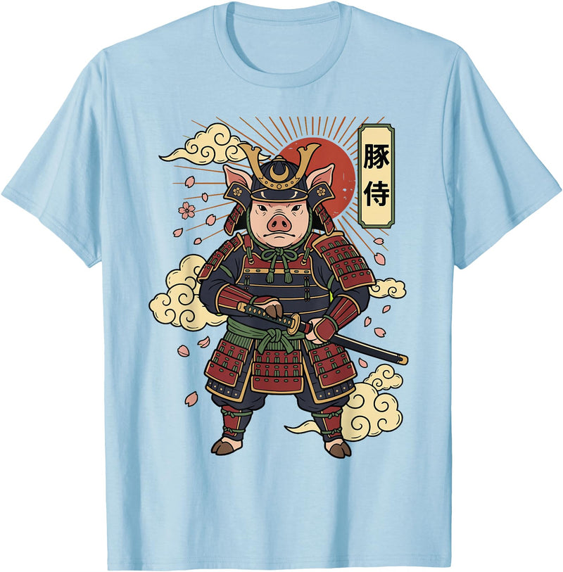 Samurai Pig Anime Japan Pig Samurai Japanese Warrior T-Shirt - Baby Blue