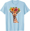 Aesthetic Giraffe Art Cute Floral Giraffe With Flower Crown T-Shirt - Baby Blue