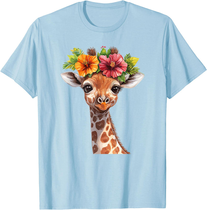 Aesthetic Giraffe Art Cute Floral Giraffe With Flower Crown T-Shirt - Baby Blue