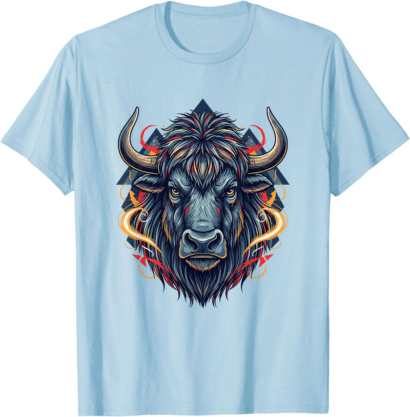 Wild Buffalo Bison Tribal Western Spirit Fierce Wild Bison Head Tribal Geometric Buffalo T-Shirt - Baby Blue