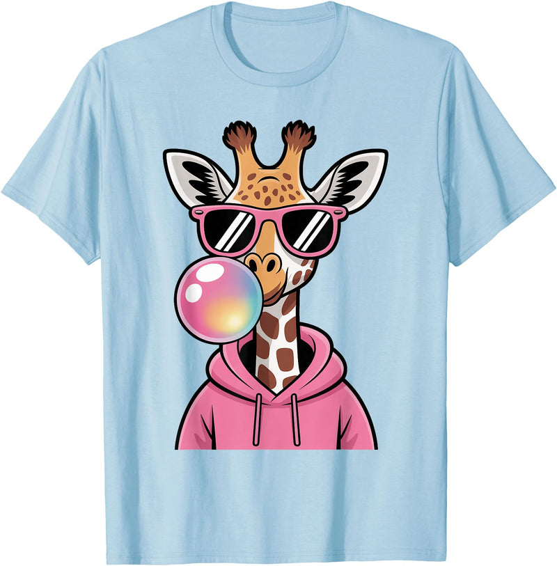 Giraffe Sasquatch Blowing Bubblegum Toddler Kids Cute Giraffe Blowing Bubble Gum and Pink Glasses Kids Boys T-Shirt - Baby Blue