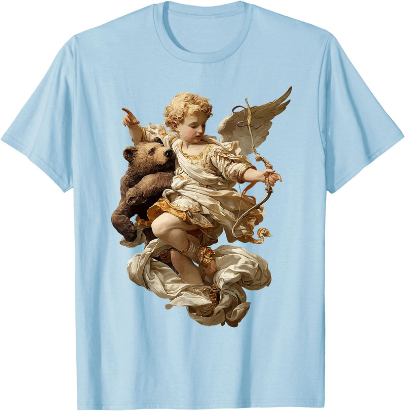 Vintage Angel Aesthetic Classical Art Cute Cherub Angel with Bear Baroque Renaissance Aesthetic T-Shirt - Baby Blue
