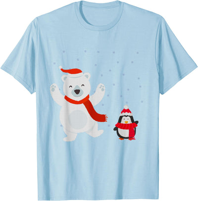 Polar Bear and Penguin Celebrating Christmas T-Shirt Uni