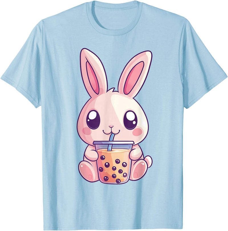Kawaii Bunny Rabbit Boba Tea Anime Cute Easter Graphic T-Shirt in Baby Blue