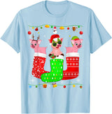 Christmas Pajama Top Matching Outfit Co Three Pig In Christmas Socks Matching Xmas Pajama T-Shirt - Baby Blue