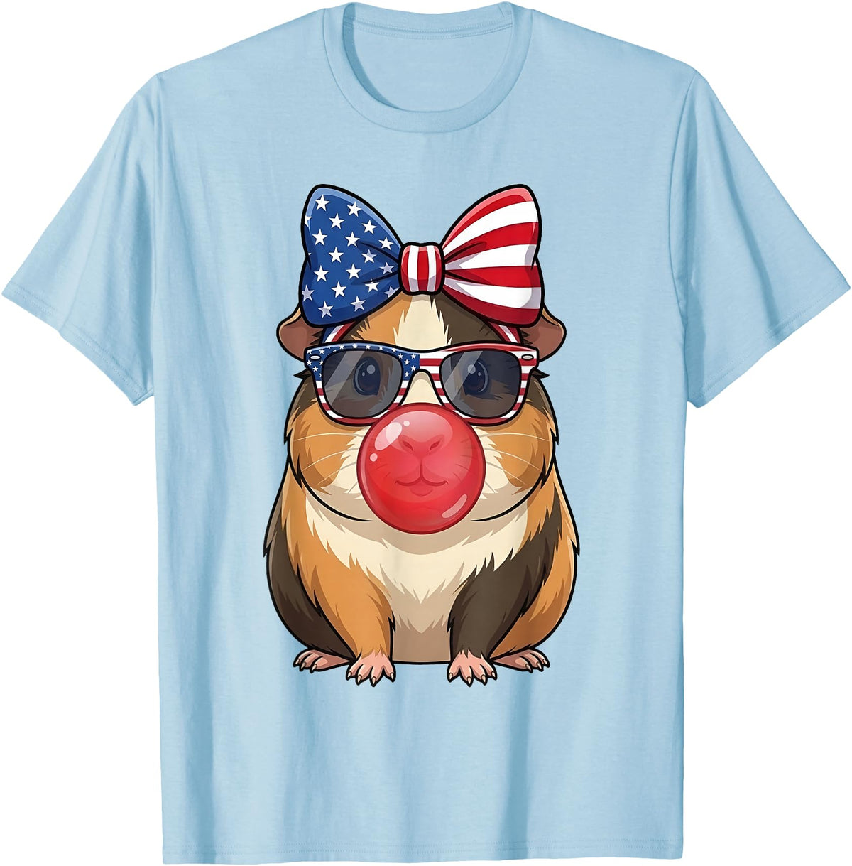 Cute Guinea Pig Bubble Gum Coquette Bow Girls Kids Patriotic Guinea Pig 4th of July Bow American Flag Girls T-Shirt - Baby Blue