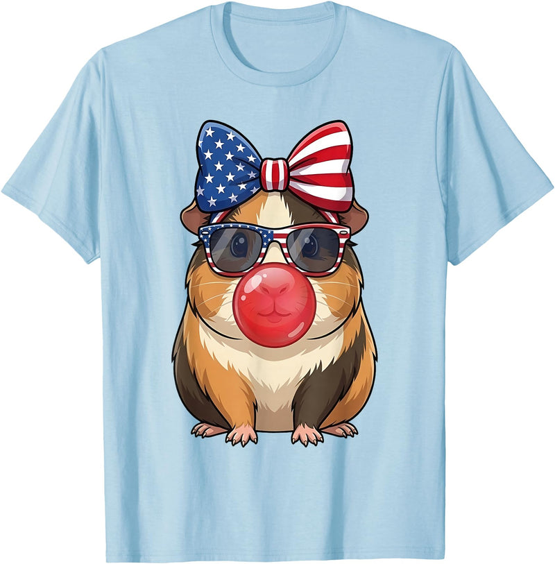 Cute Guinea Pig Bubble Gum Coquette Bow Girls Kids Patriotic Guinea Pig 4th of July Bow American Flag Girls T-Shirt - Baby Blue