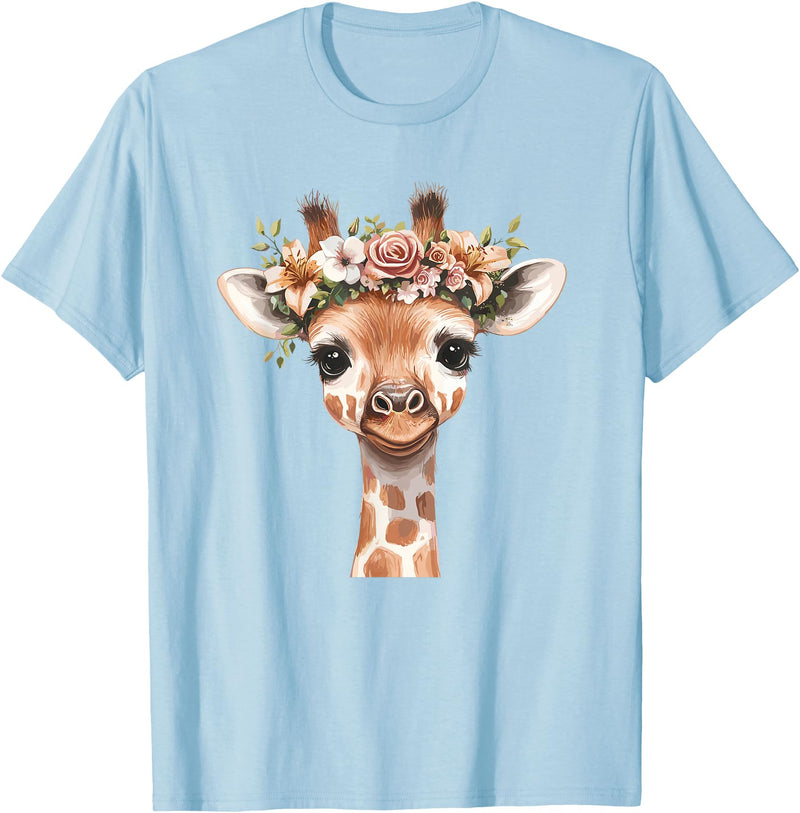 Floral Giraffe Animal Lovers Wild Nature Cute Animal Flower Crown Giraffe T-Shirt - Baby Blue