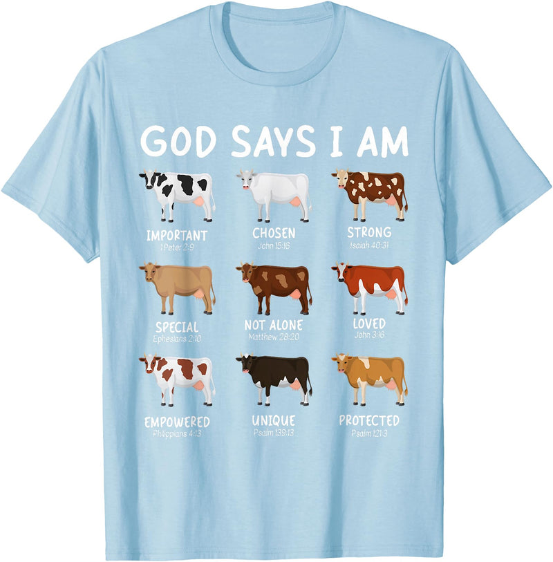 God Says I Am Christian Bible Verse Apparel God Says I Am Cute Heifer Cow Bible Verse Christian T-Shirt - Baby Blue