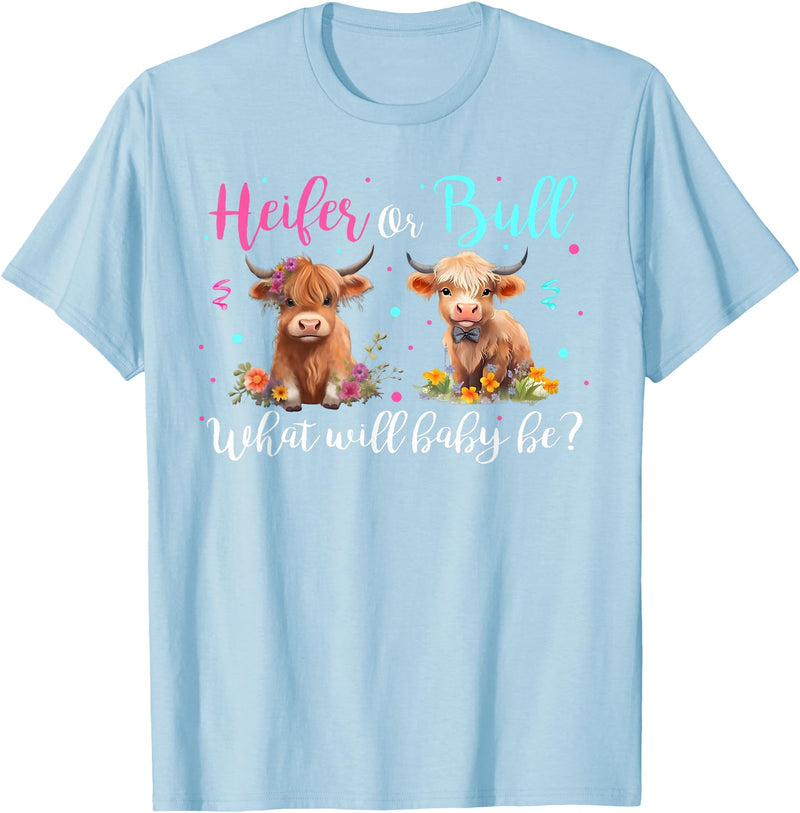 Heifer or Bull Gender Reveal Decorations & Gifts Highland Cow Print Heifer Or Bull Gender Reveal Baby Shower T-Shirt - Baby