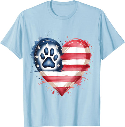 4th Of July Love Dog Paw Heart Print Puppy Lover American Flag Patriotic Dog And Cat Paw Print 4th Of July T-Shirt
