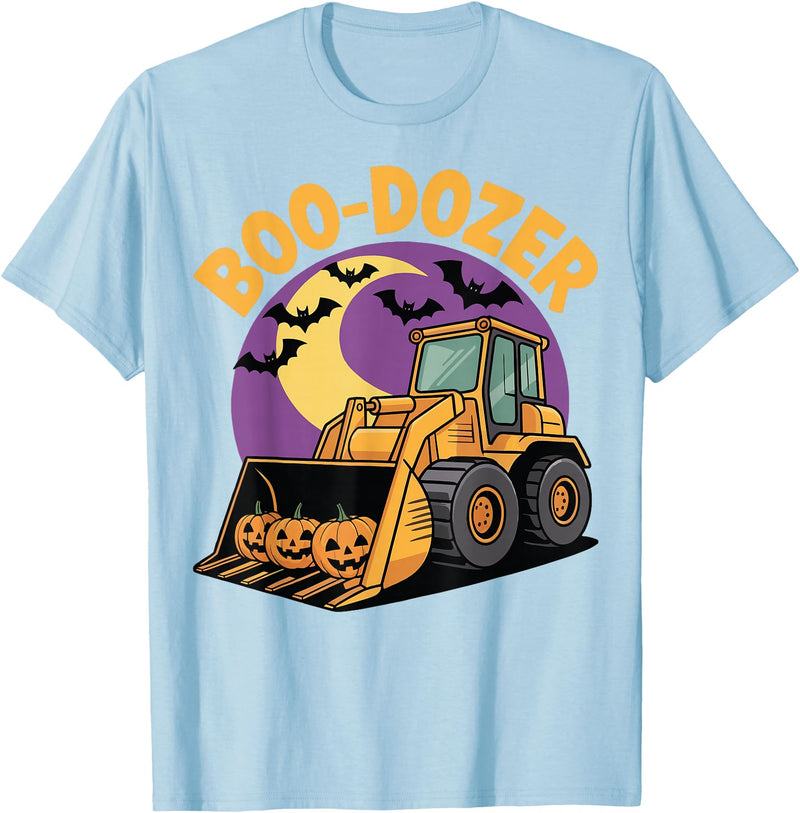 Bulldozer Halloween Costume Toddler Spooky Ghost Boo-Dozer Halloween Kids Bulldozer T-Shirt - Baby Blue