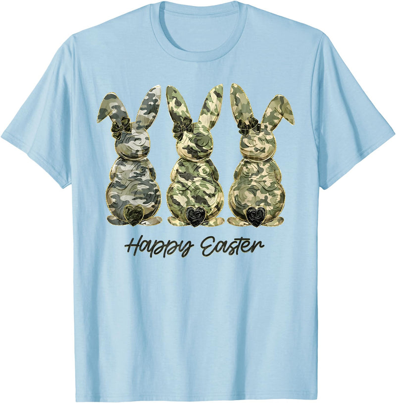 Happy Easter Camo Bunny Rabbit Coquette Bow Hunting Lover T-Shirt in Baby Blue