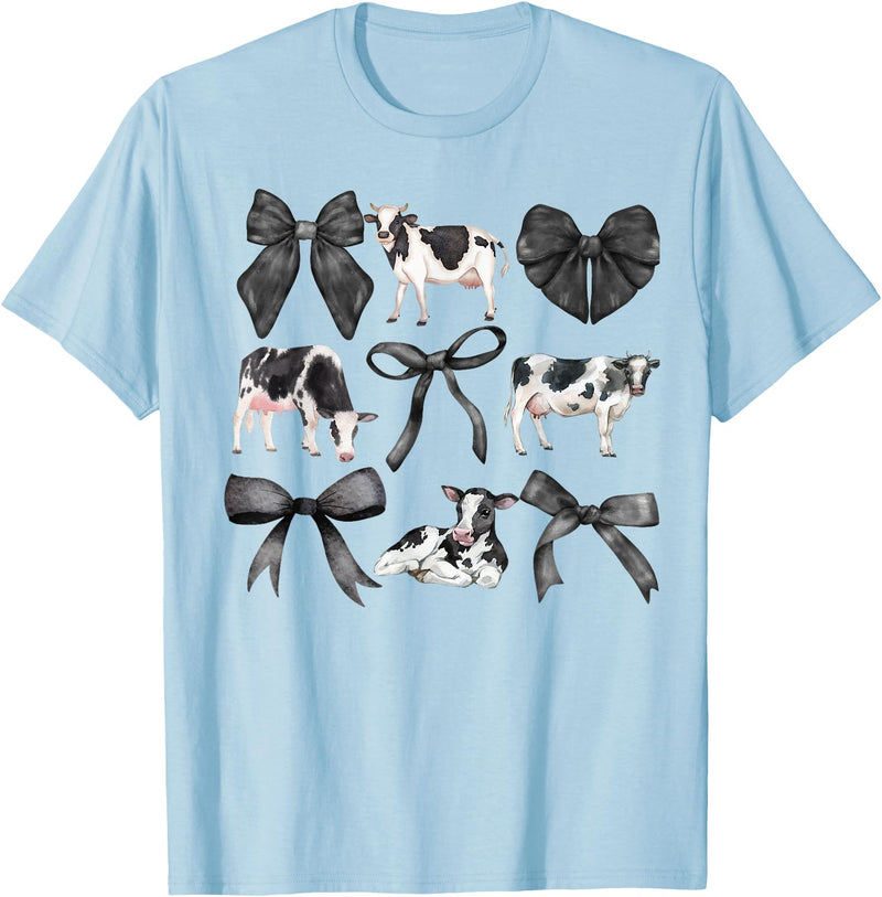 Kristen Michael Coquette Cows, Cows and Bows, Watercolor, Holsteins T-Shirt, Small, Grey - Baby Blue