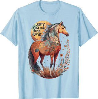 Just a girl who loves horses Co. Just a Girl who Loves Horses - Bohemian Horse Lover Themed T-Shirt - Baby Blue