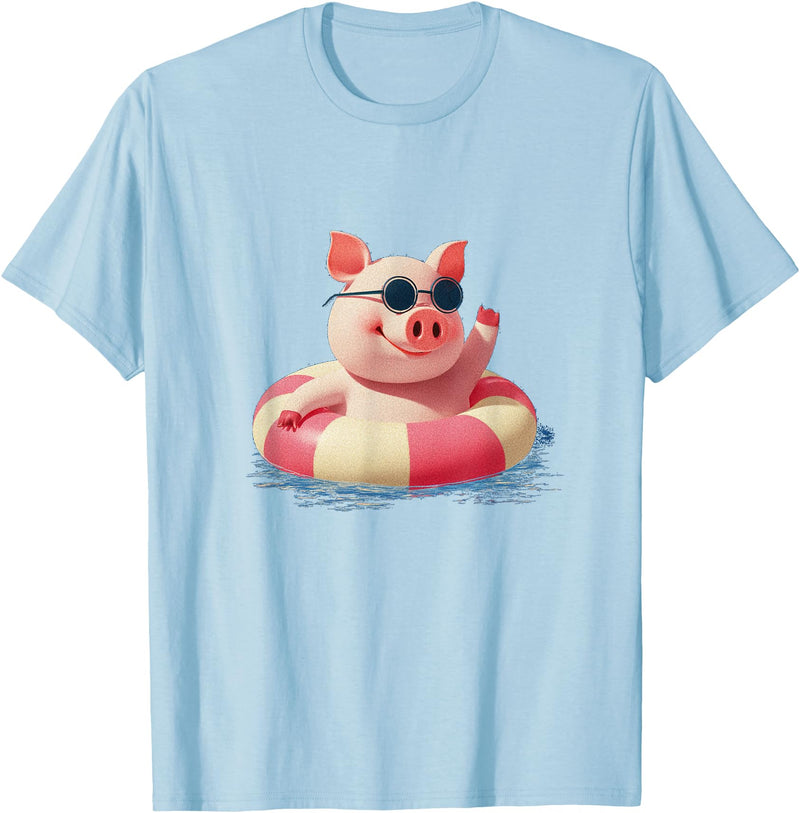 Vacation Pig Outfit Pig Sunglasses Graphic with Beach Ring T-Shirt - Baby Blue