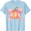 Coquette Halloween Tees NYC Coquette Autumn Pumpkin Pink Bow Girly Halloween Fall Women T-Shirt - Baby Blue