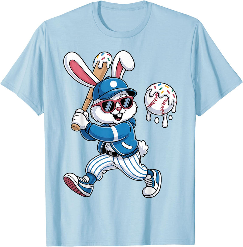 Funny Baseball Drip Rabbit Bunny Easter Men Boys Kids T-Shirt in Baby Blue