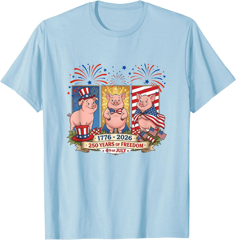 Farmer 4th Of July Costume 1776-2026 Proud 250th Freedom 4th July Three Cute Pigs T-Shirt - Baby Blue