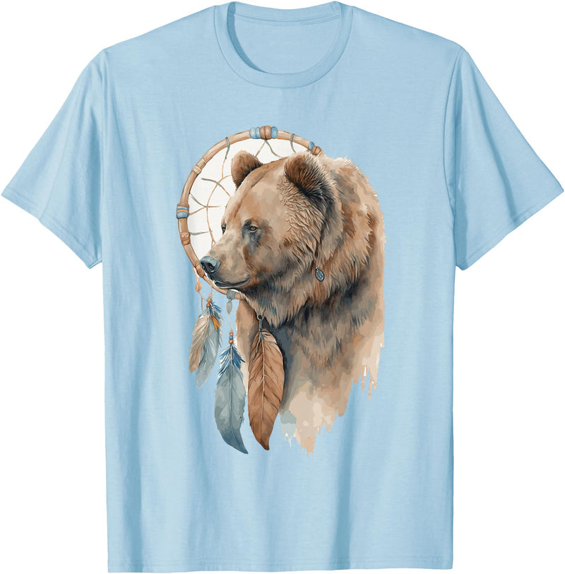 More Tribal Native American Totem Animal Art Bear Tribal Watercolor Bear Dream Catcher T-Shirt - Baby Blue